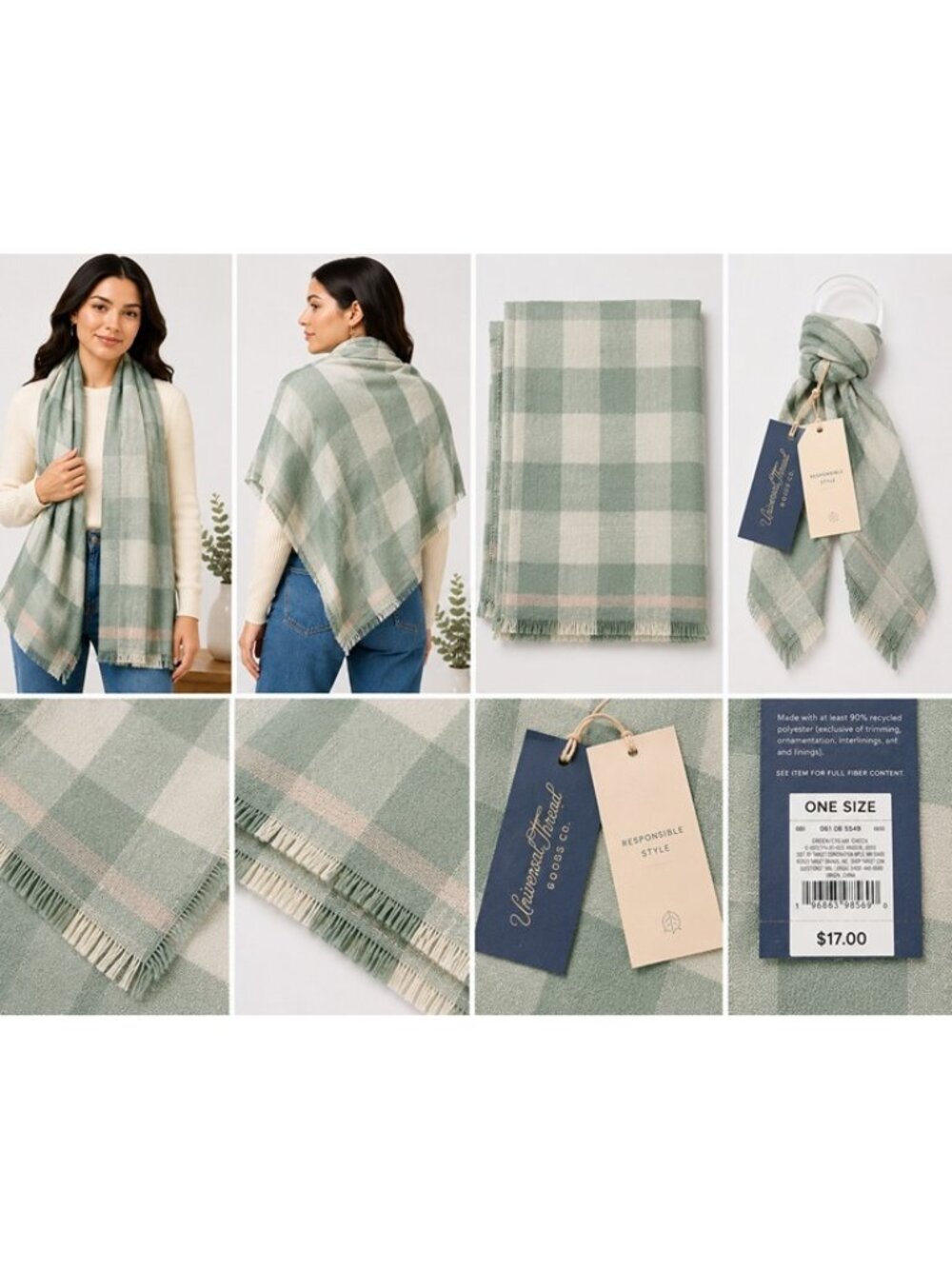 NWT Universal Thread Green Teal Check Wrap Scarf One Size